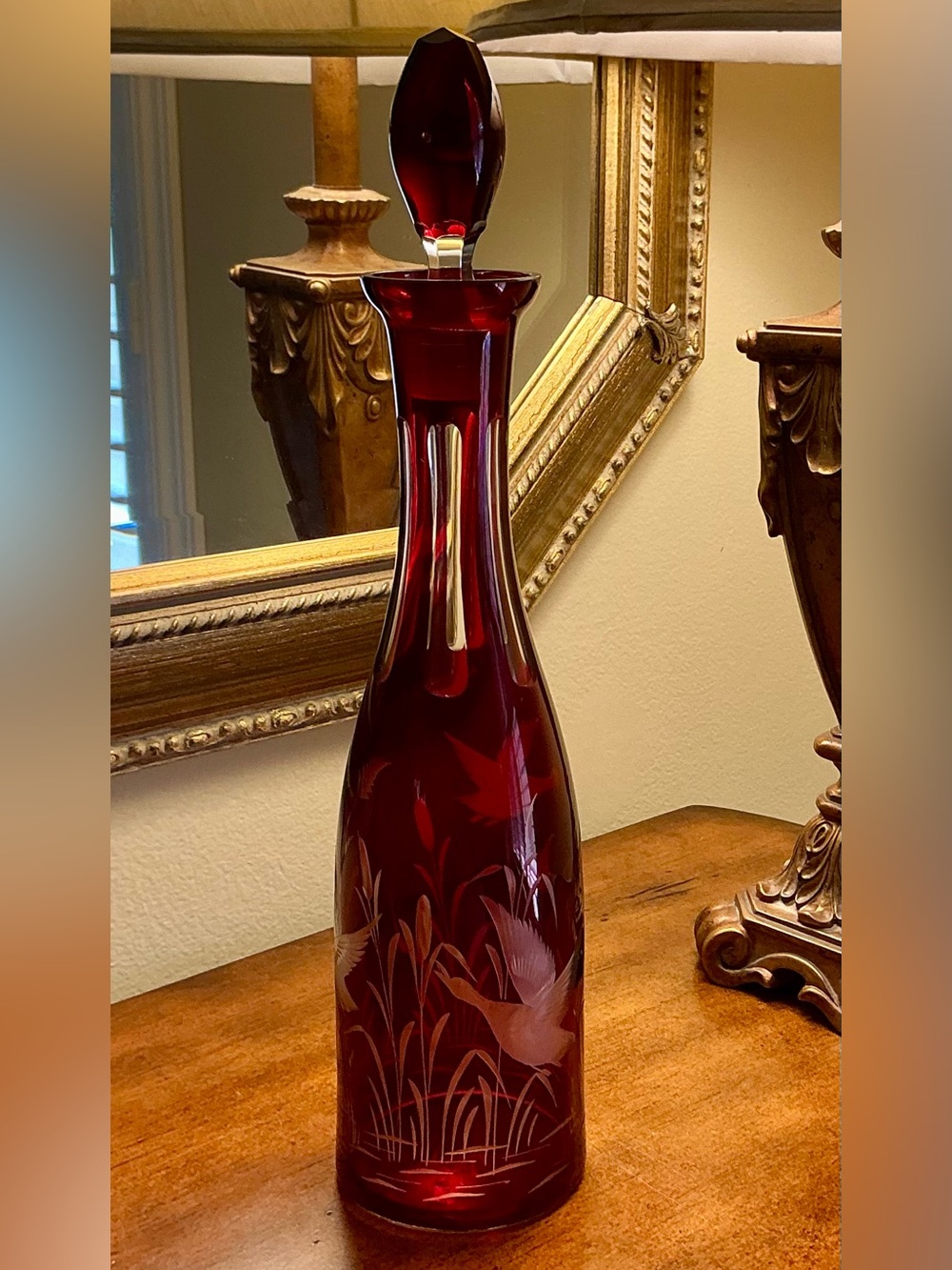 Vintage Egermann Bohemian Ruby Red Cut to Clear Decanter with Stopper